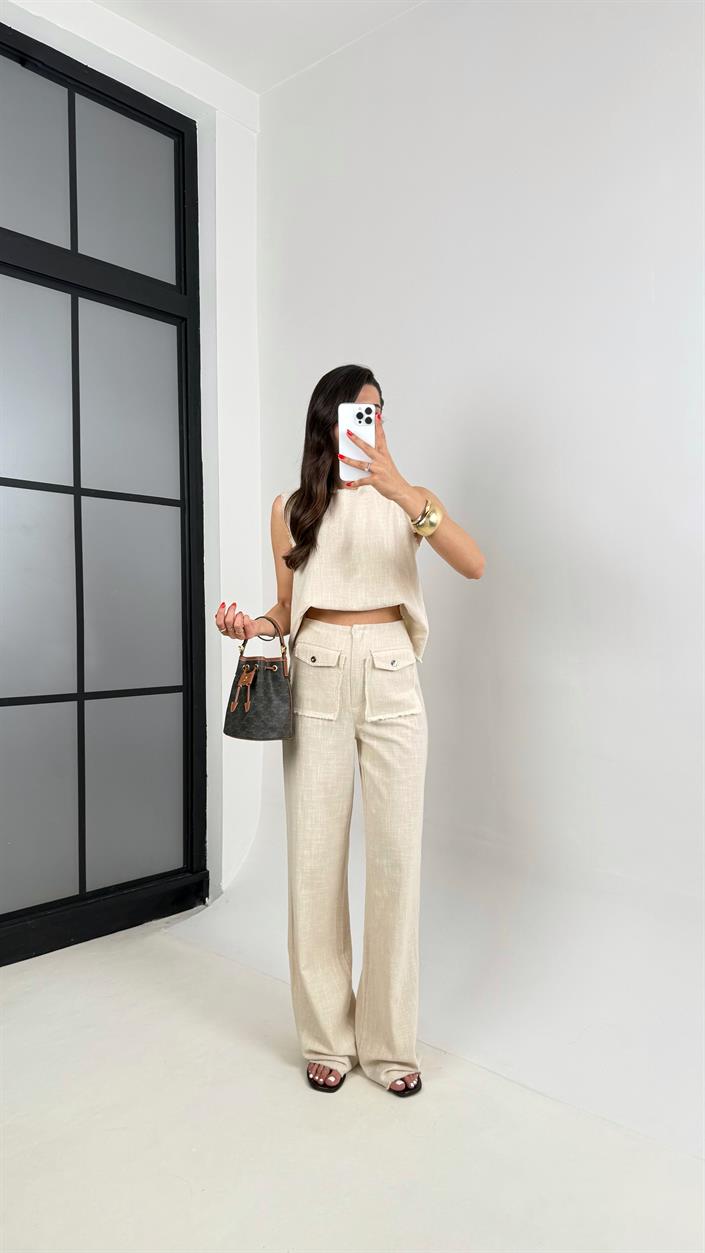 Taş Sıfır Kol Bluz Cep Detaylı Pantolon Keten Takım Gaus00458 