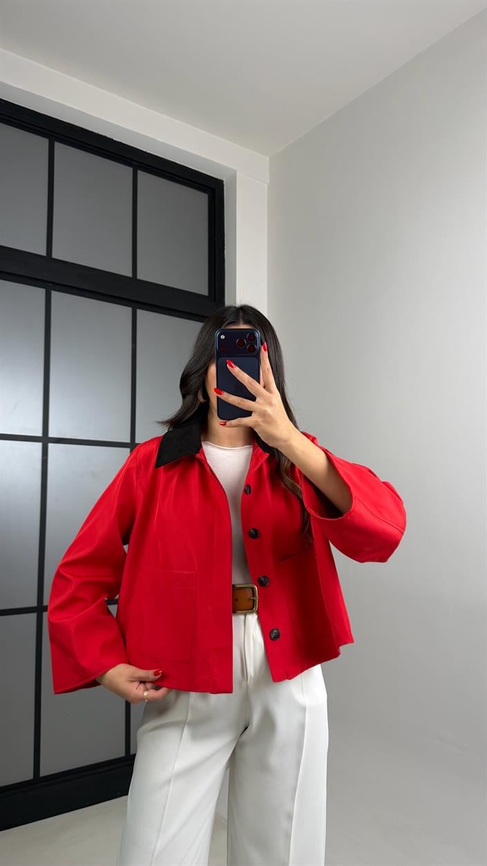 Kırmızı Düğmeli Astarlı Cepli Ceket GAUS-00913