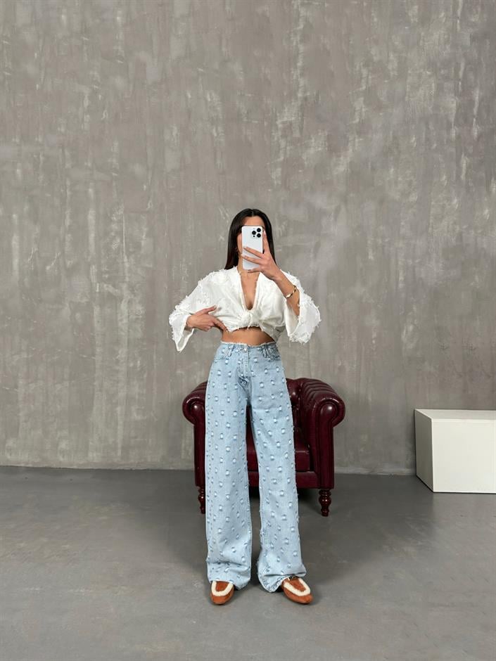 Tonsi Buz Mavi Yırtık Detaylı Tasarım Wide Leg Jean