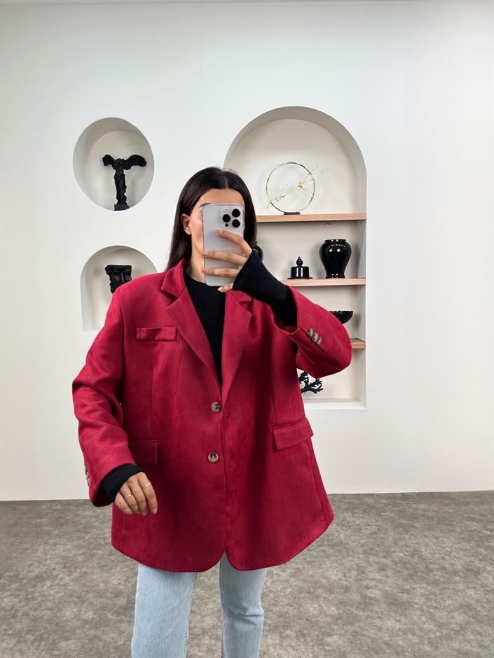 Taila Bordo Astarlı Kemerli Süet Blazer Ceket