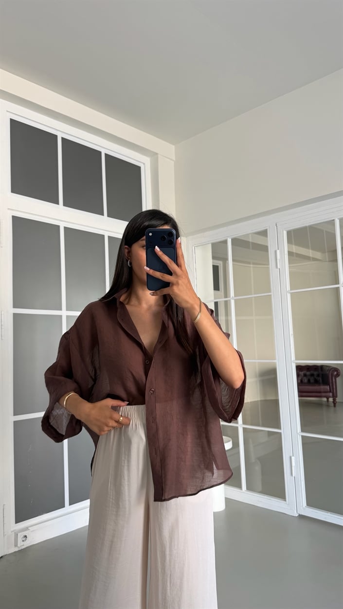 Kahve Kısa Kollu Transparan Gömlek GAUS-01699