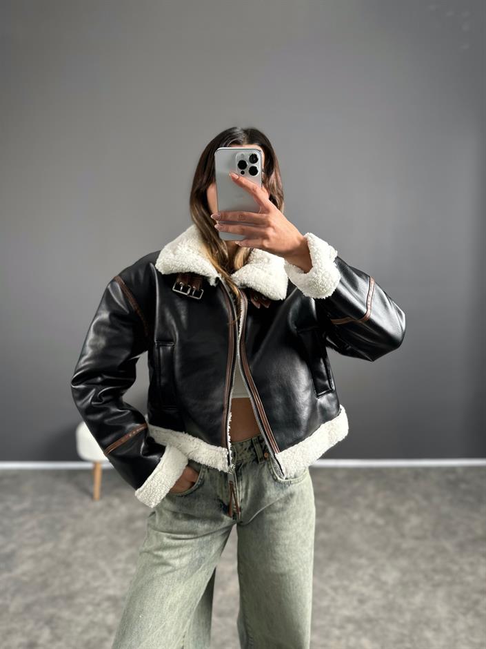 Jaden Siyah Deri Kürklü Biker Mont 