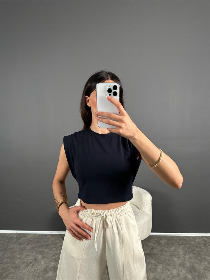 Koyu Lacivert Kol Detaylı Crop Tshirt
