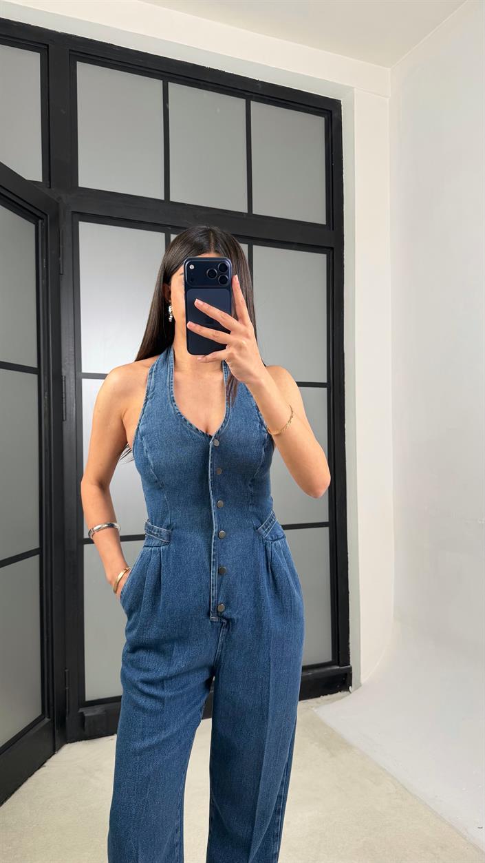Mavi Boyundan Bağlamalı Tasarım Tencel Denim Tulum GAUS-01357