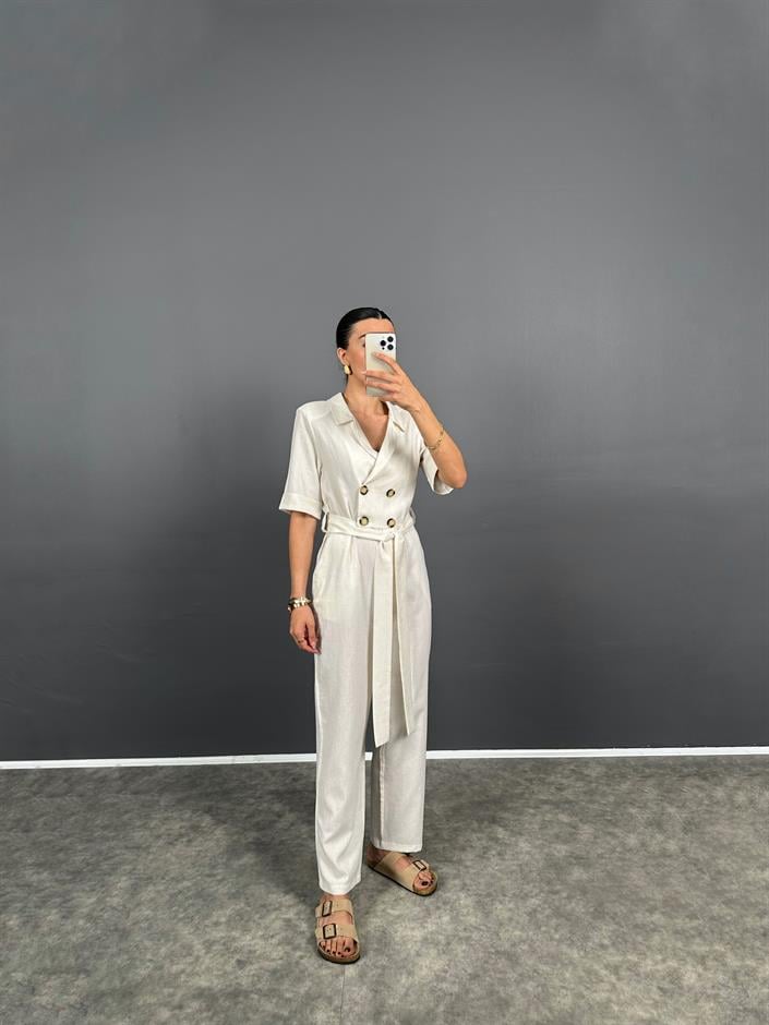 Kiw Krem Keten Vatkalı Kruvaze Kapama Düğmeli Tulum