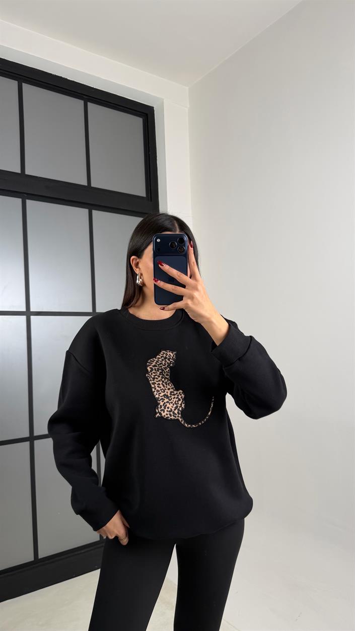 Siyah Leopar Nakışlı Şardonlu Sweatshirt GAUS-00796