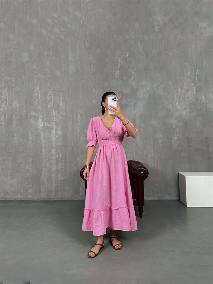 Pembe V Yaka Beli Lastikli Büzgülü Müslin Pinterest Elbise Gaus00022