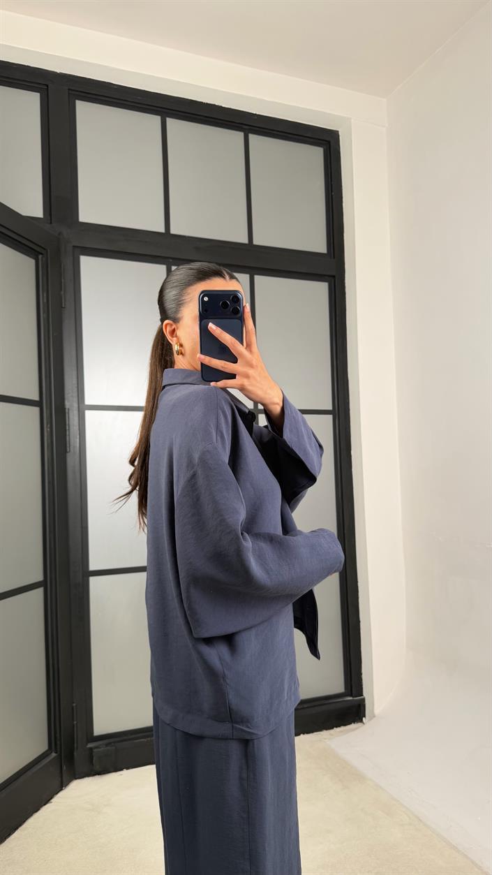 Lacivert Gömlek Beli Lastikli Pantolon Premium Tencel Kumaş Takım GAUS-01525