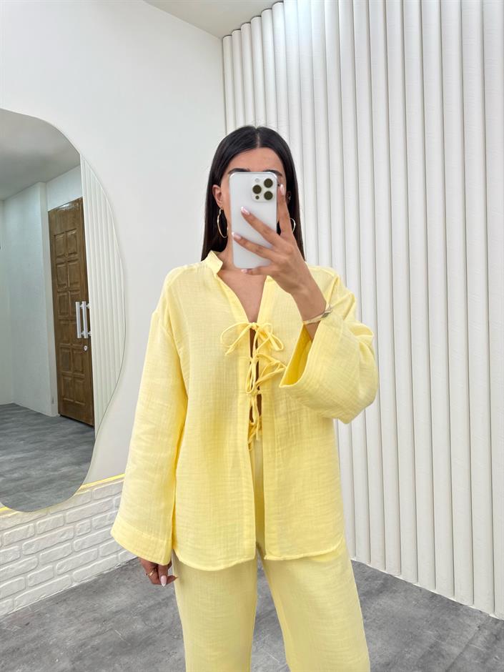 Sarı Önü Bağlamalı Beli Lastikli Müslin Kumaş Takım Gaus00282