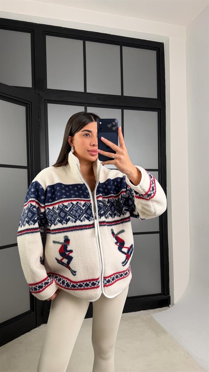 Lacivert Kızak Desenli Cepli Polar Hırka GAUS-01177 GAUS-01183