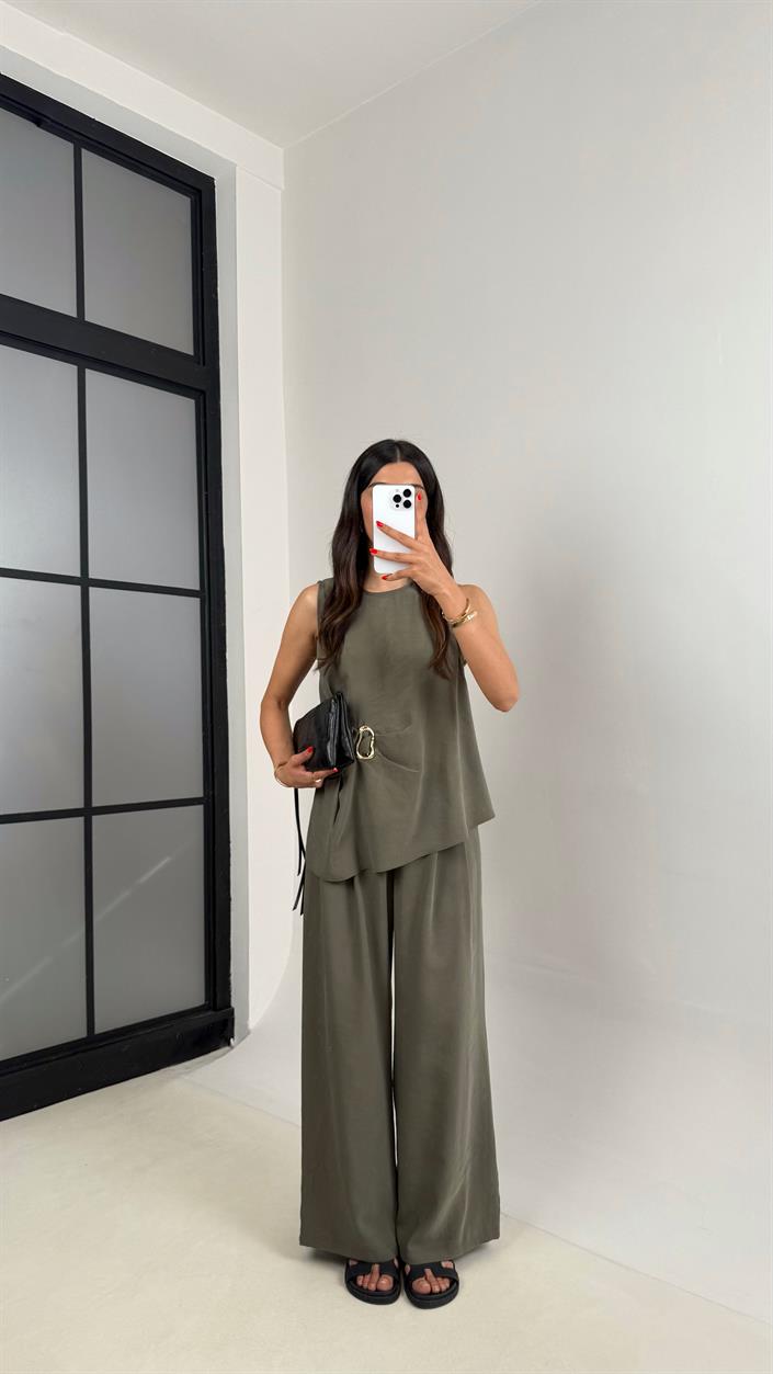 Haki Gold Detaylı Bluz Balon Pantolon İkili Tencel Takım Gaus00510