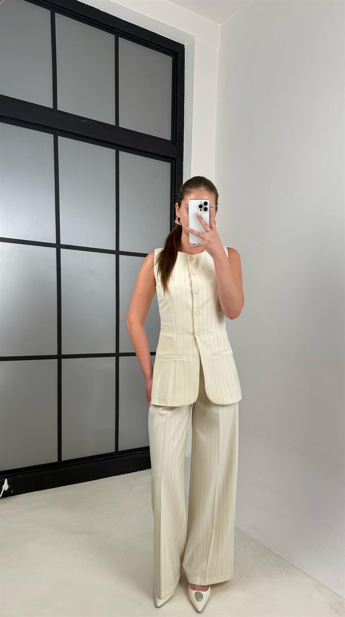 Ekru Çizgili Yelek Pantolon Kumaş Takım GAUS-00495