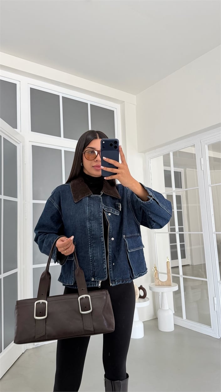 Koyu Mavi Kadife Yakalı Cepli Denim Ceket GAUS-02118