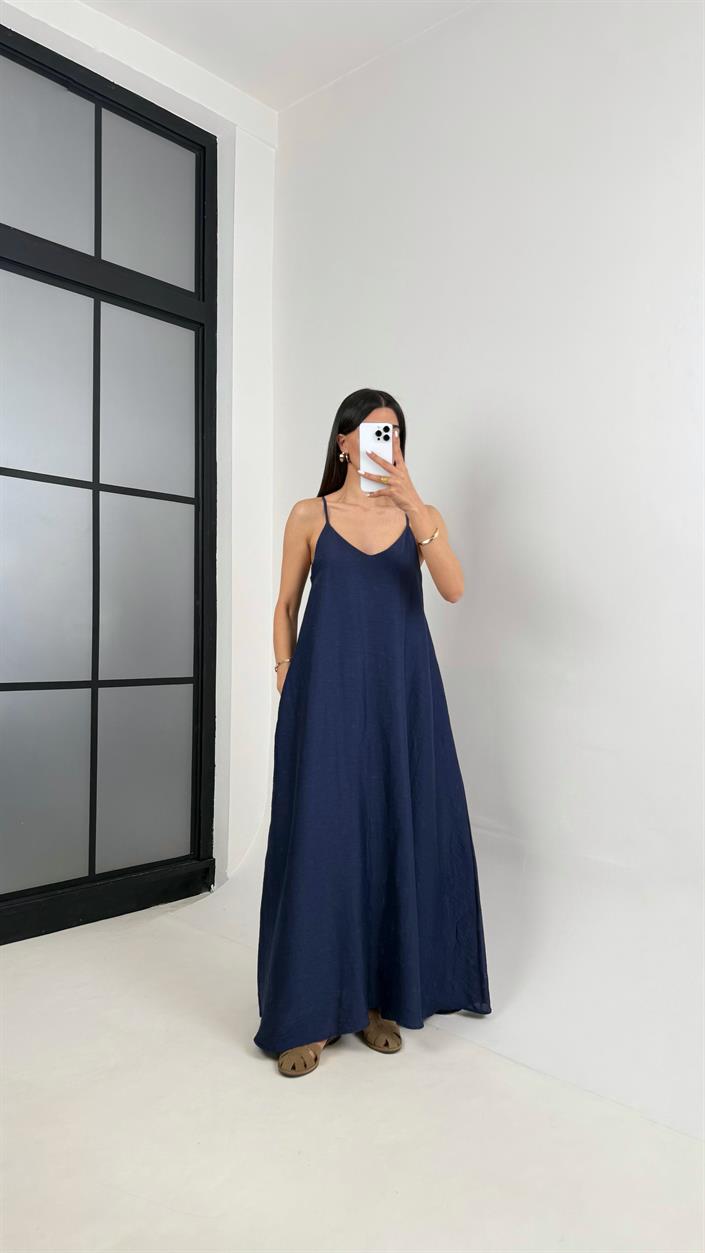 Lacivert Askılı Astarlı Cepli Tencel Elbise Gaus00449