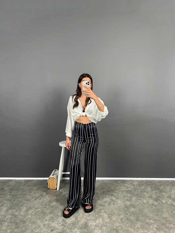 Ryn Siyah Saten Çizgili Zr Model Pantolon