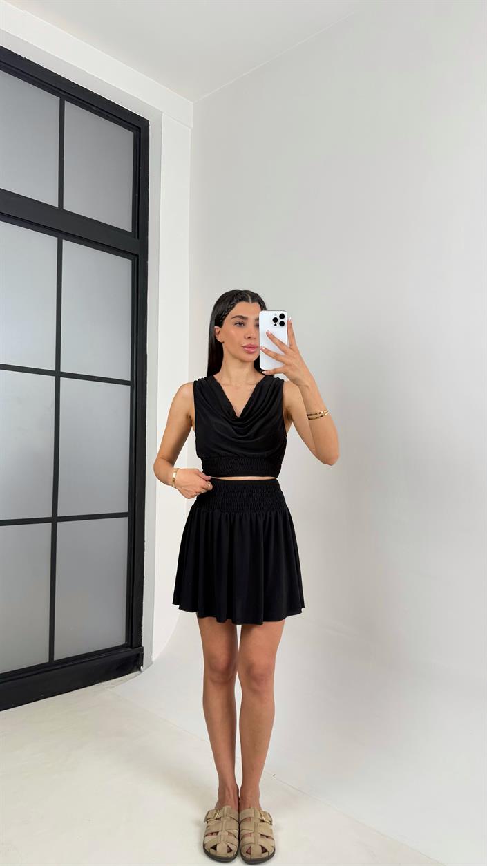 Siyah Degaje Yaka Beli Lastikli Crop Etek İthal Kumaş Takım Gaus00555