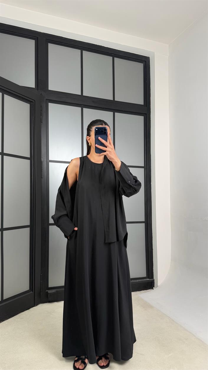 Siyah Gömlek Elbise Oversize İkili Tencel Takım GAUS-01423