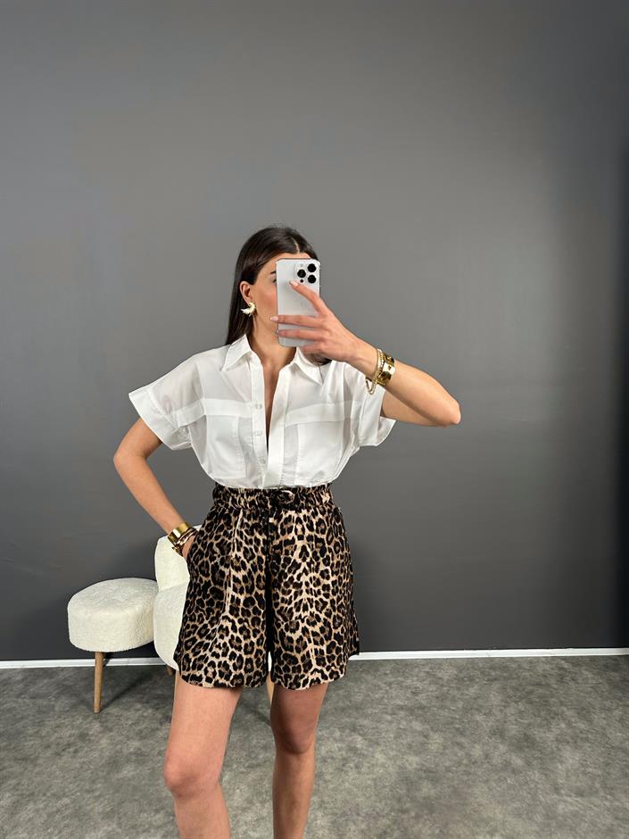 ZR Model Leoparlı Beli Lastikli Cepli Şort 