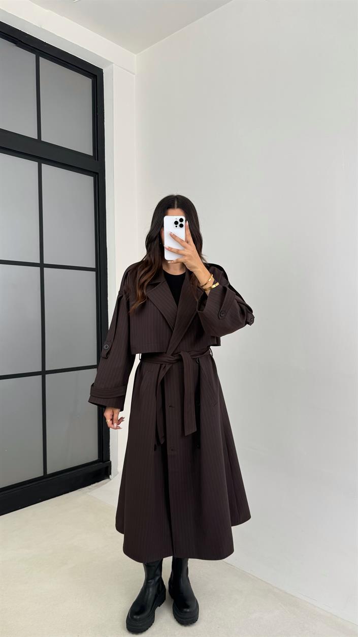 Kahve Mavi Çizgi Detaylı Kuşaklı Astarlı Premium Uzun Trençkot GAUS-00120