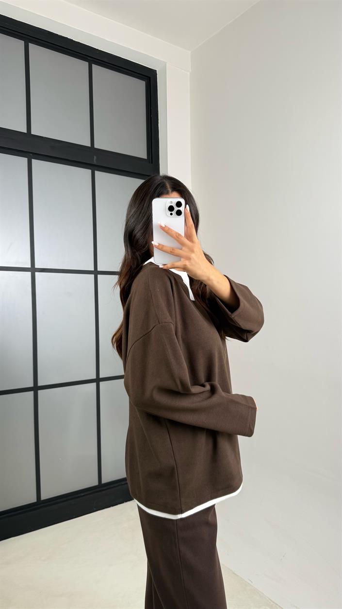 Kahve Tshirt Detaylı Kazak Beli Lastikli Pantolon İkili Triko Takım GAUS-00485