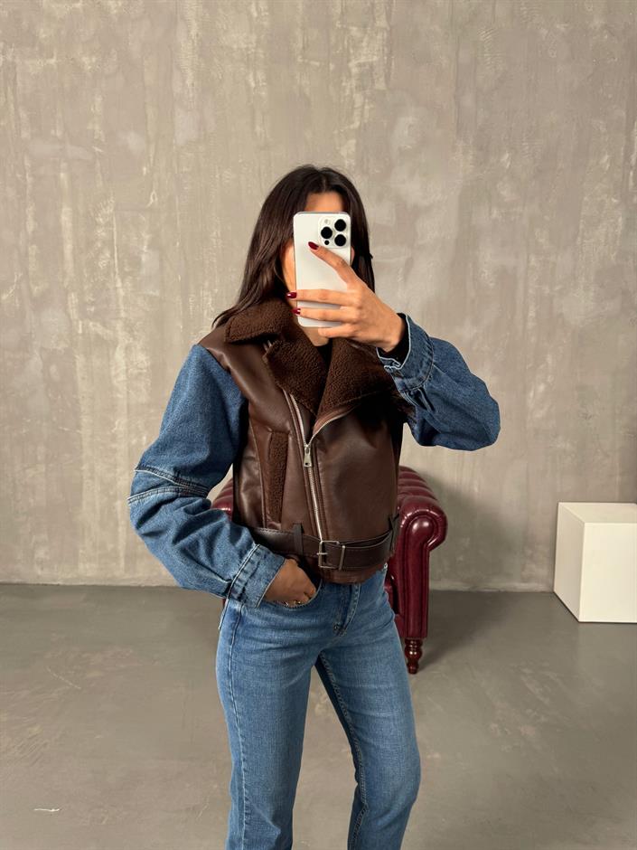 Lordy Kahve Kol Denim Detaylı İçi Kürklü Kemerli Biker Mont