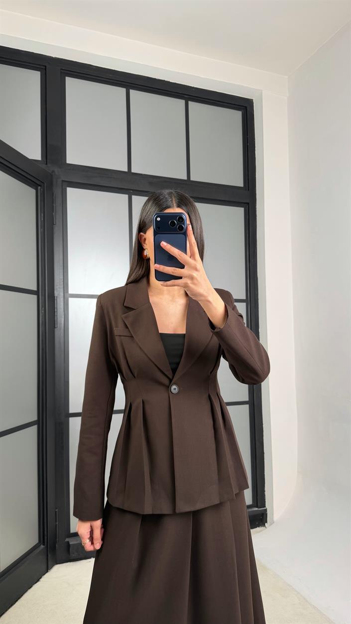 Acı Kahve Belden Oturtmalı Astarlı Vatkalı Ceket Cepli Etek Premium Takım GAUS-01290