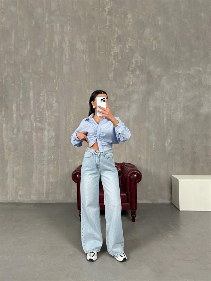 Garden Buz Mavi Belden Lastikli Wide Leg Jean