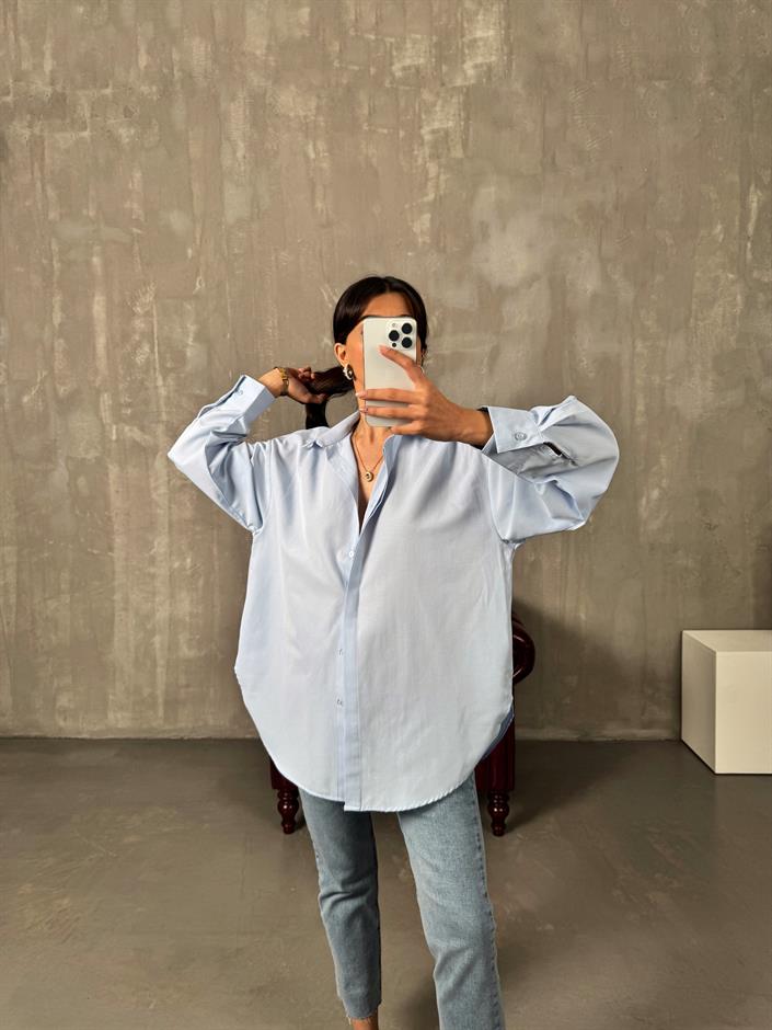 Rese Mavi Basic Gizli Düğmeli Oversize Gömlek