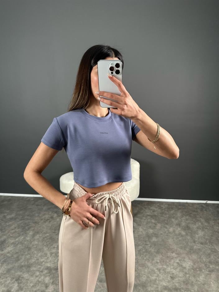 Oysh İndigo Mavi Modal Kumaş Baskılı Tshirt
