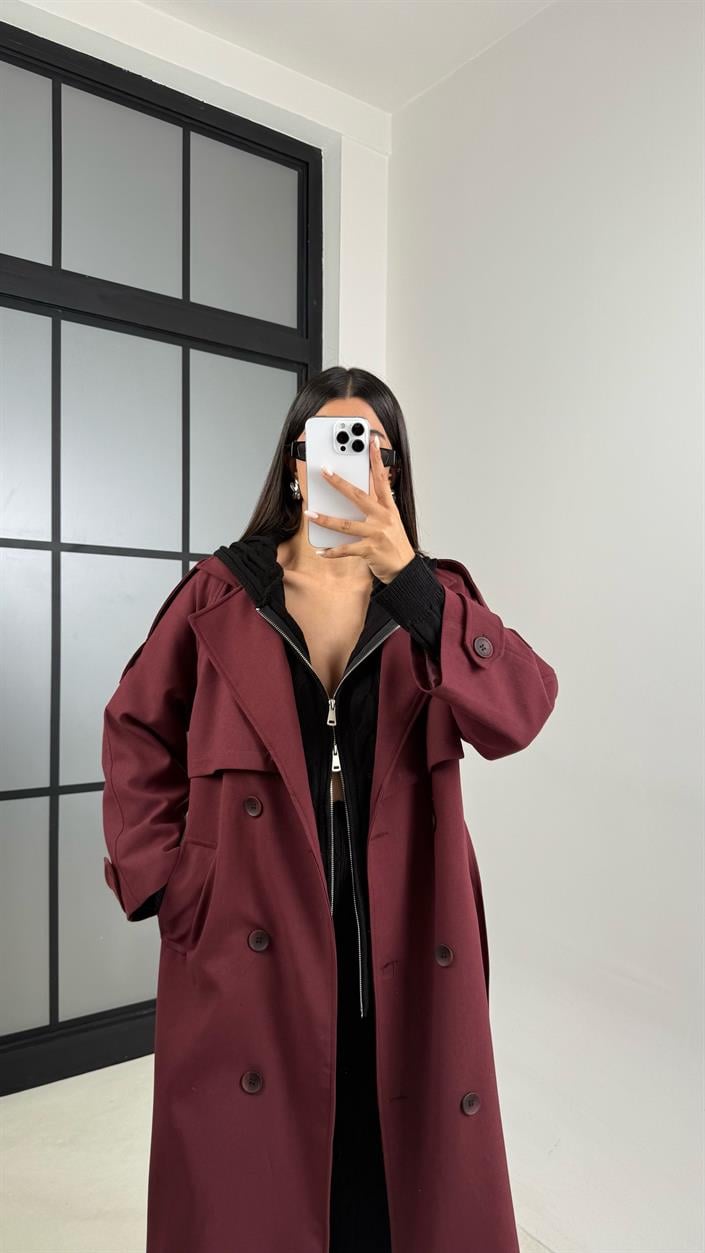 Bordo Astarlı Kuşaklı Premium Trençkot GAUS-00516