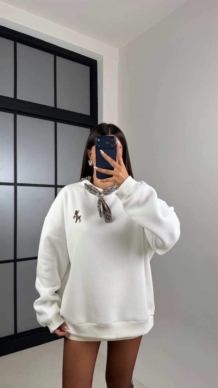 Beyaz Yaka Fular Detaylı Şardonlu Sweatshirt GAUS-00646
