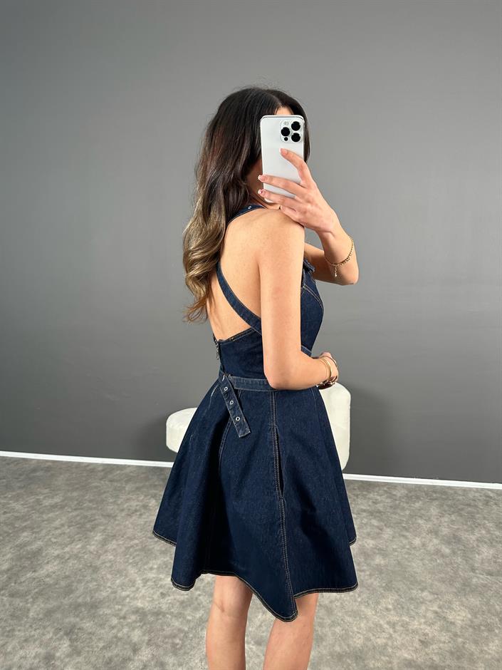 Laren Kısa Mavi Tasarım Bağlama Detay Denim Elbise