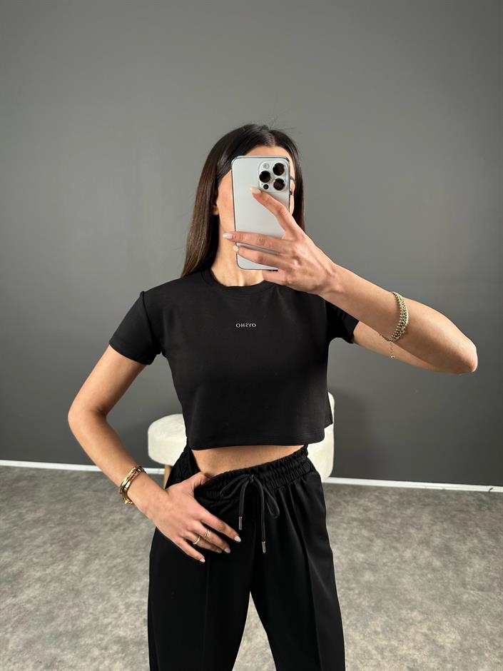 Oysh Siyah Modal Kumaş Baskılı Tshirt