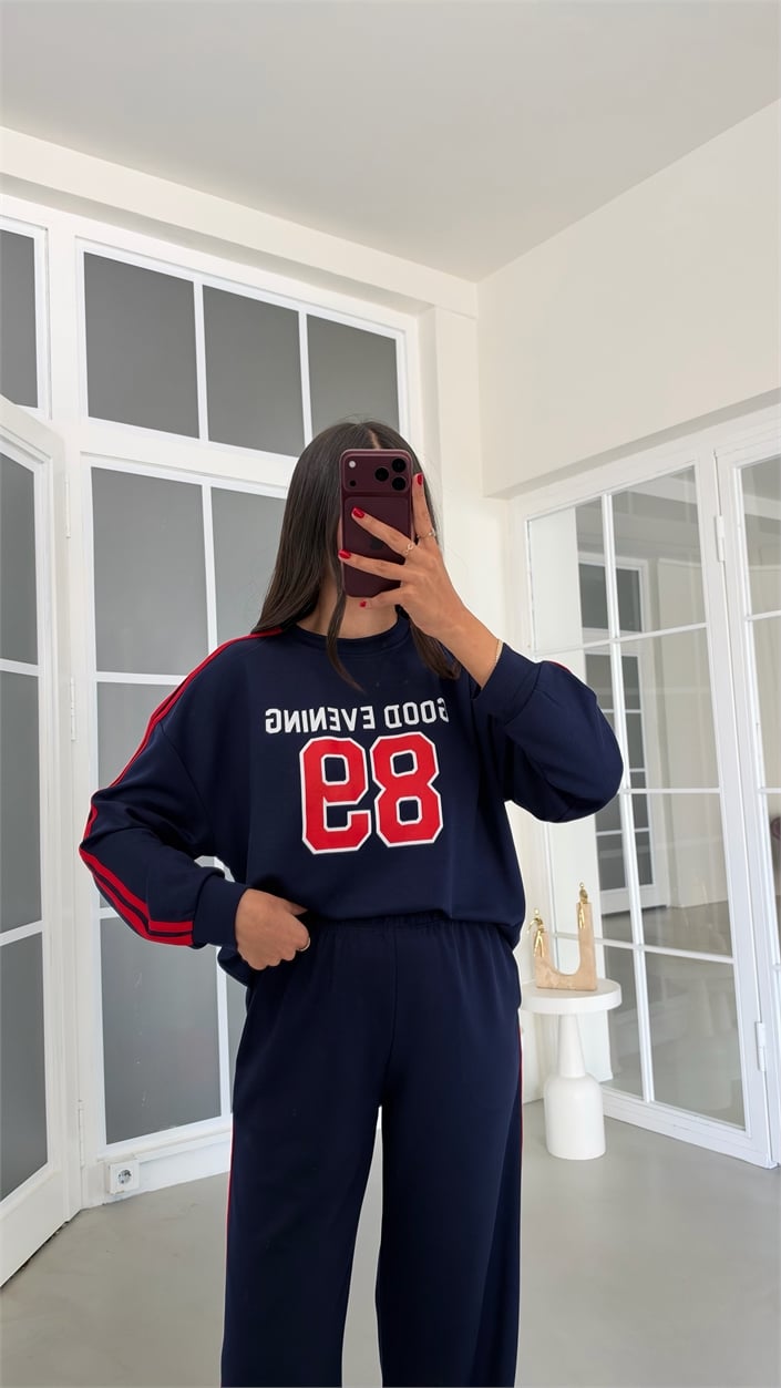 Lacivert Şeritli Baskılı Sweatshirt Beli Lastikli Pantolon İkili Takım GAUS-02235