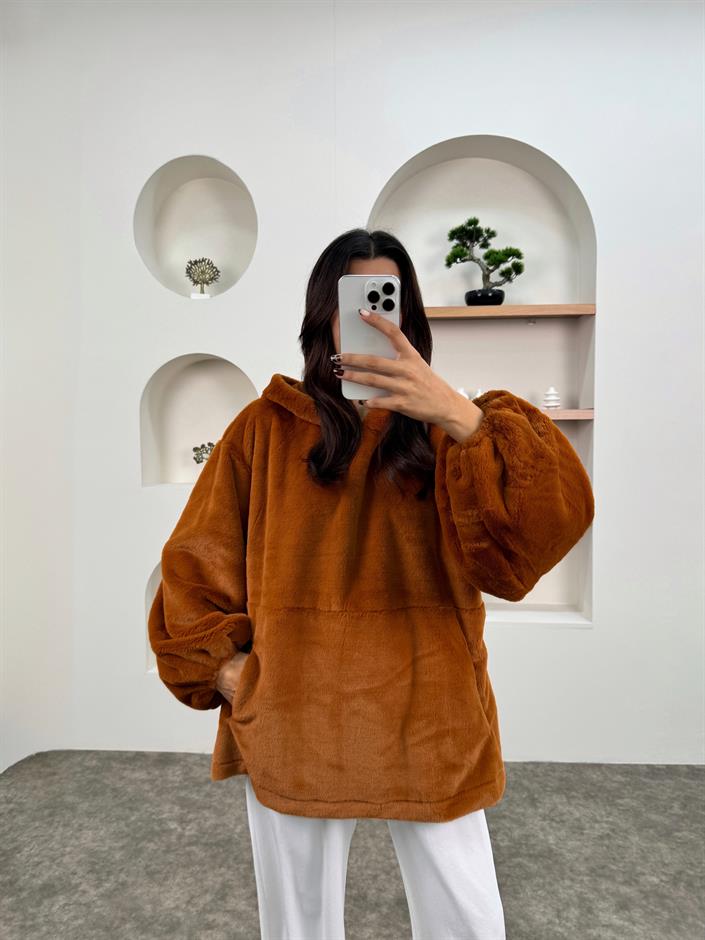 MD Camel Peluş Oversize Kapüşonlu Sweatshirt