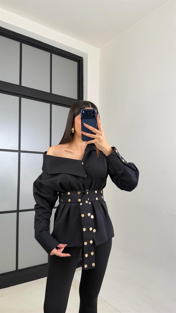 Siyah Zımba Detaylı Kemerli Tasarım Gömlek GAUS-01071