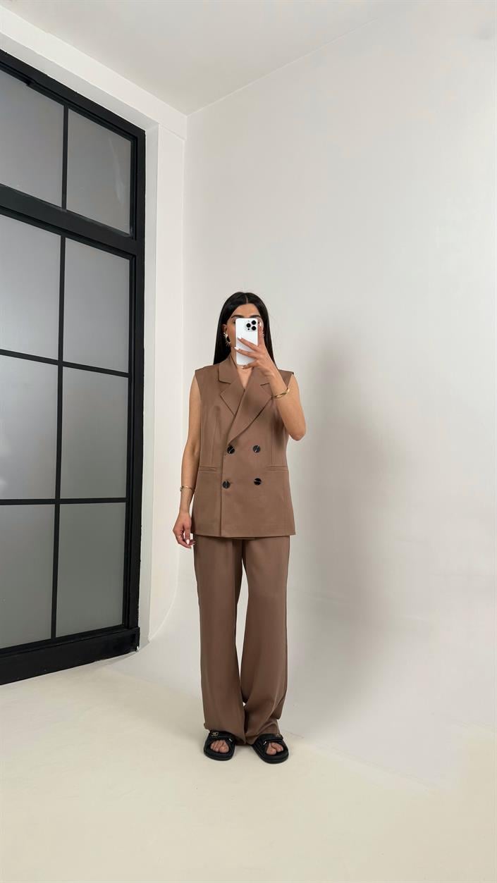 Kahve Önü Düğmeli Astarlı Yelek Beli Lastikli Pantolon Tencel Premium Takım Gaus00366