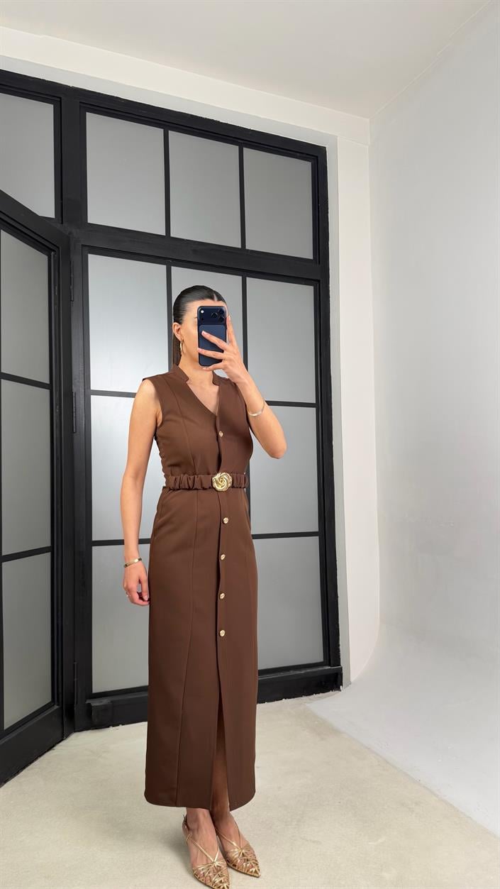 Kahve Kuşaklı Gold Düğme Detaylı Premium Elbise GAUS-01448