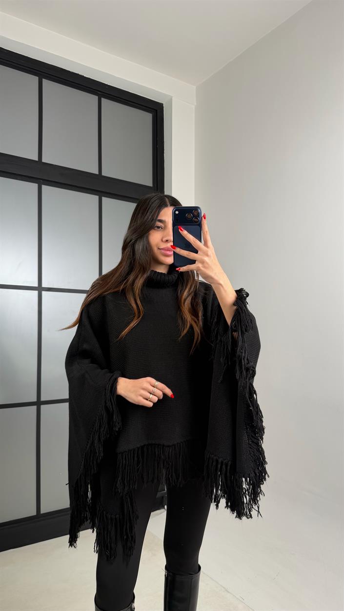 Siyah Balıkçı Yaka Püskül Detaylı Panço Kazak GAUS-00953