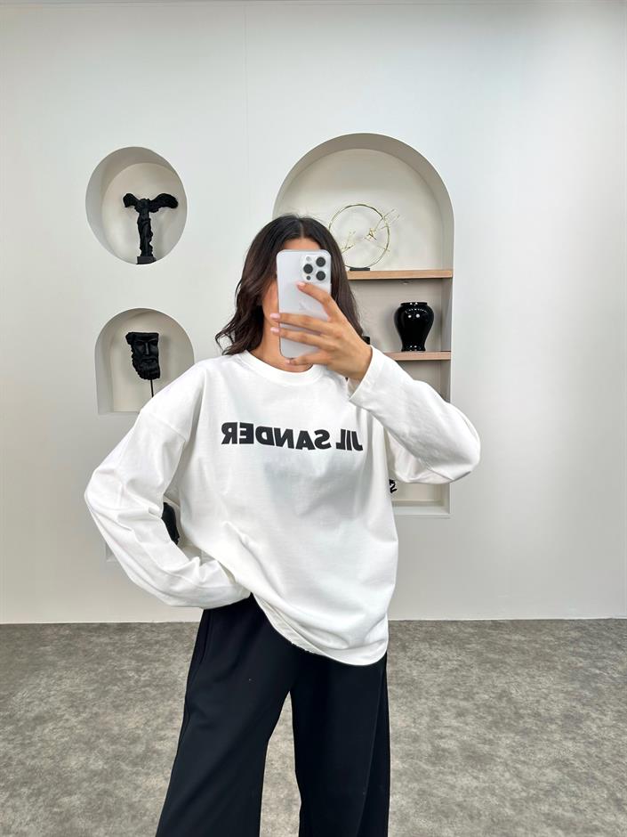 JS Beyaz Bisiklet Yaka Sweatshirt