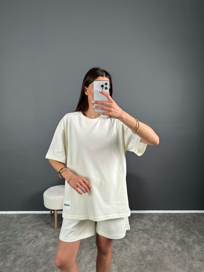 Ekru Premium Etiketli Oversize Şortlu İkili Takım 