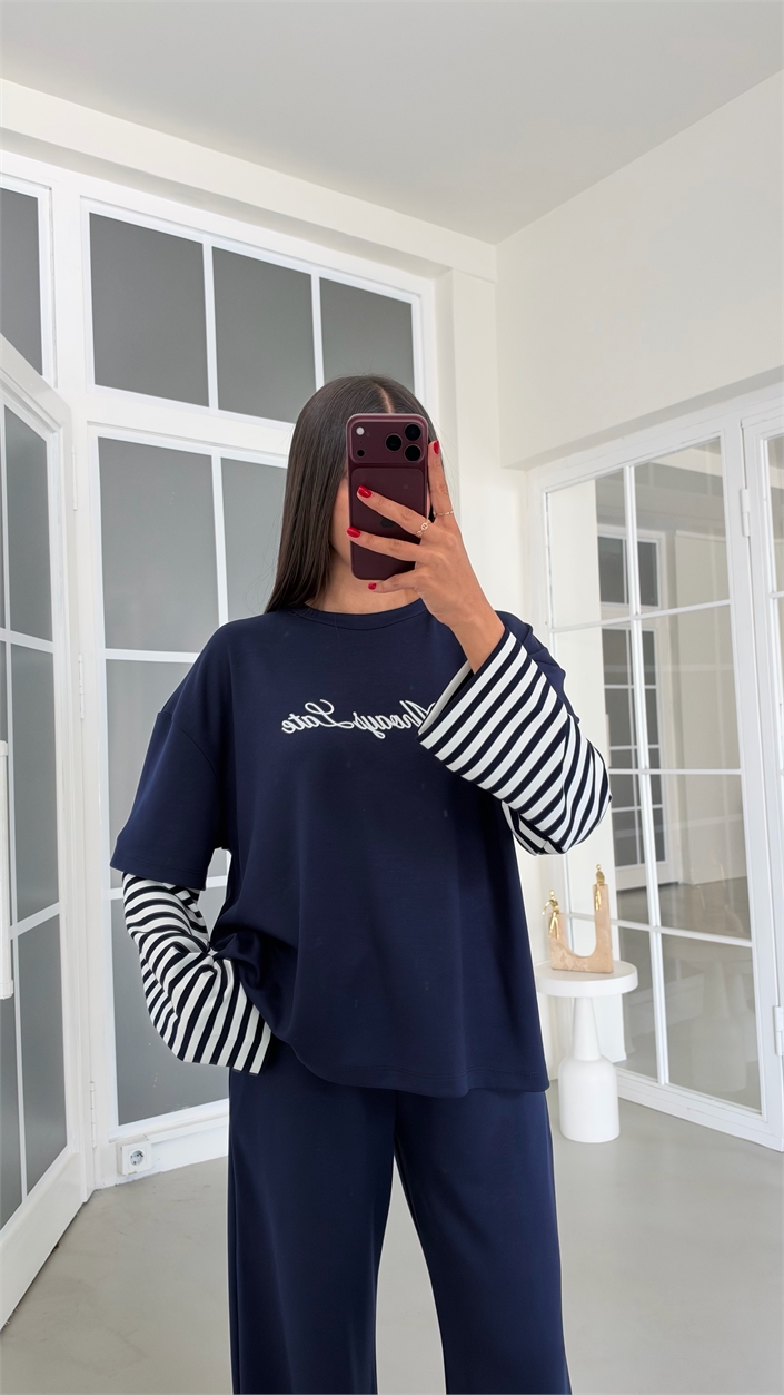Lacivert Kolu Şeritli Tshirt Beli Lastikli Pantolon İkili Modal Takım GAUS-02227