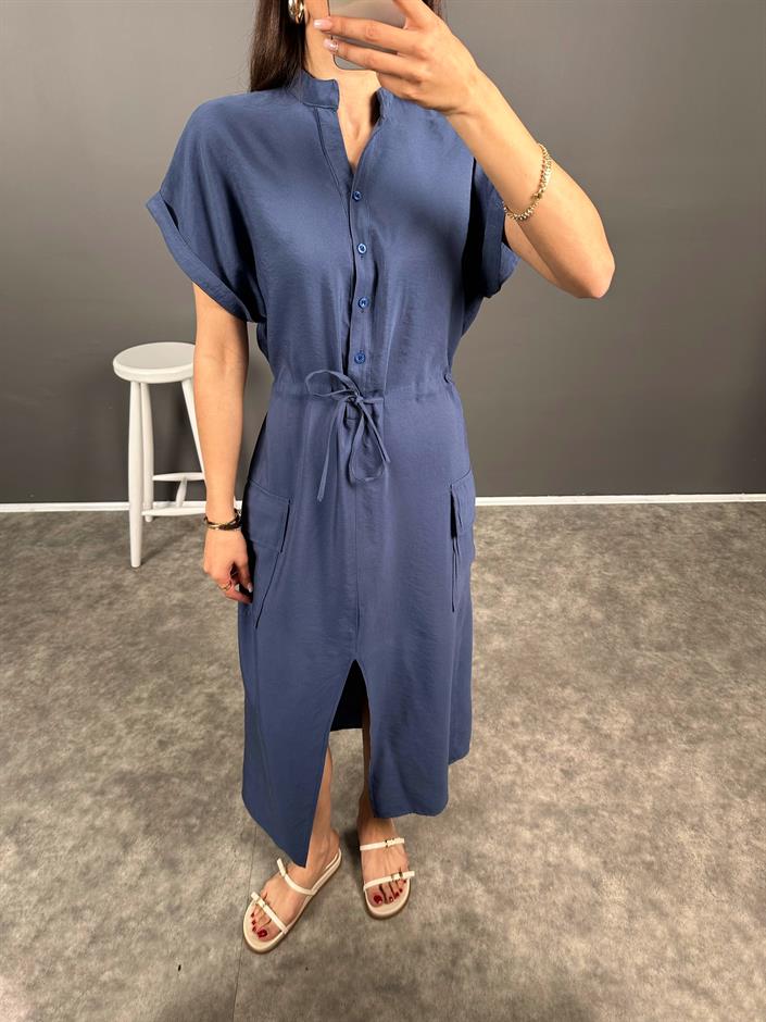 Corinna Mavi İthal Kumaş Önü Yırtmaçlı Elbise