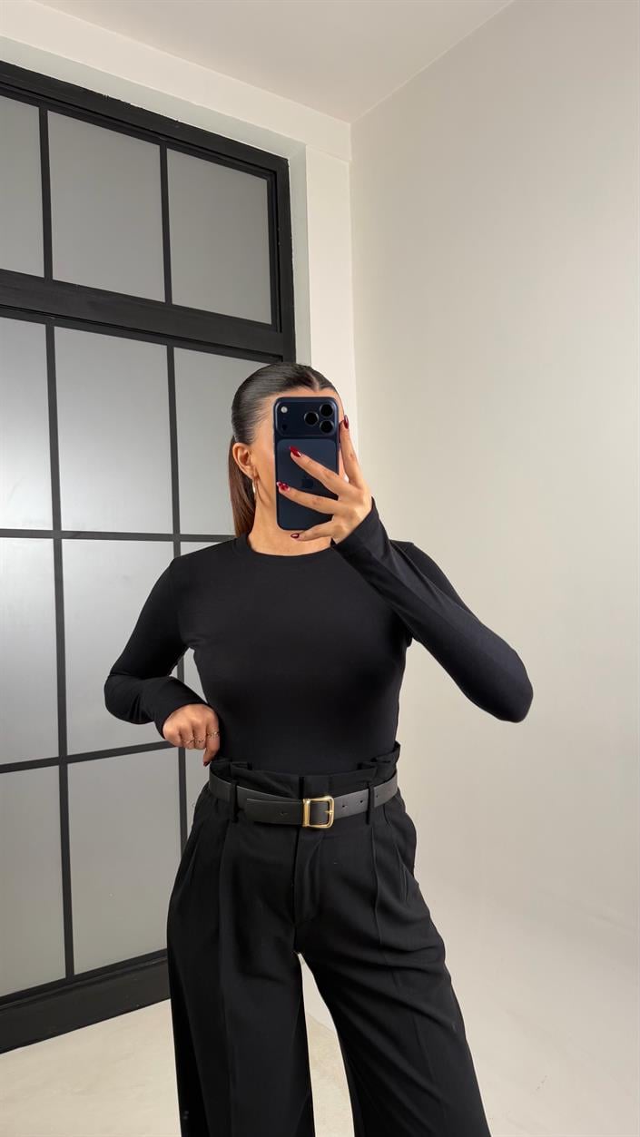 Siyah Pile Detaylı Kemerli Kumaş Pantolon GAUS-00695