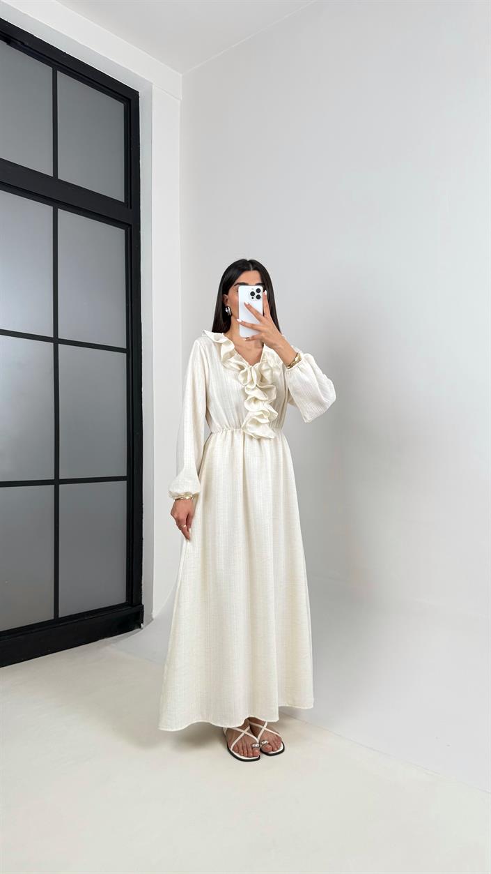 Ekru Yaka Fırfırlı Astarlı Elbise Gaus00405