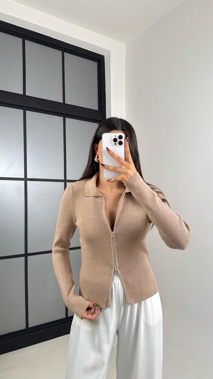 Camel Çift Fermuarlı Fitilli Hırka GAUS-00461