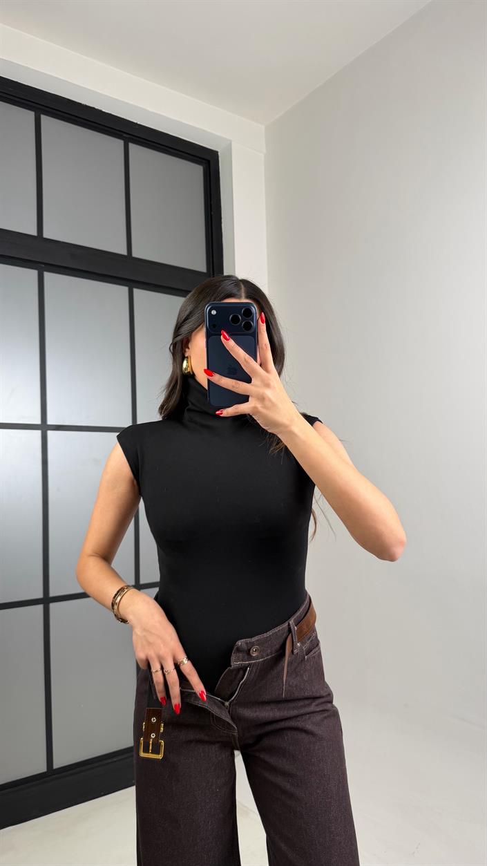 Siyah Balıkçı Yaka Sıfır Kol ZR Model Bodysuit GAUS-00942