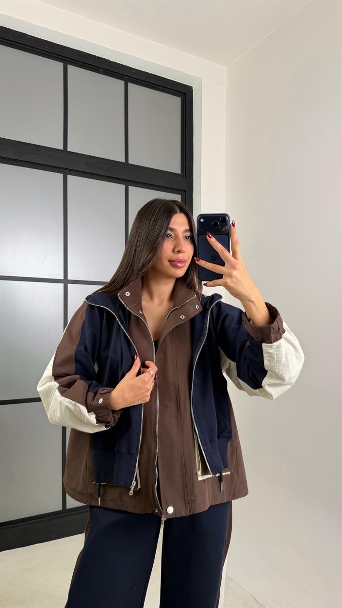 Kahve Garnili Ceket Beli Lastikli Pantolon İkili Tasarım Takım GAUS-00699