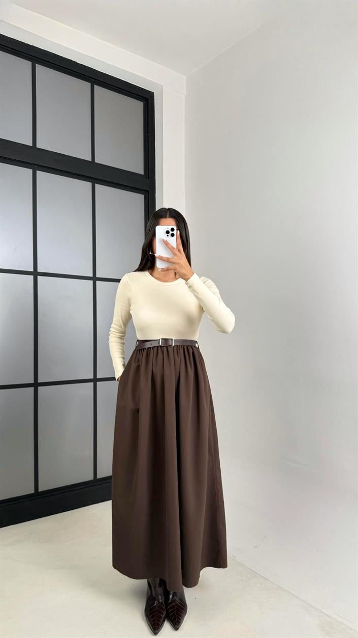 Kahve Uzun Kol Beli Lastikli Kemerli Elbise GAUS-01214