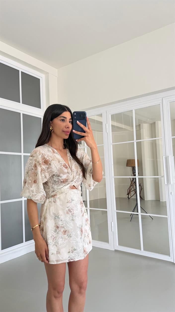 Kahve Transparan Çiçek Desenli Mini Elbise GAUS-01665
